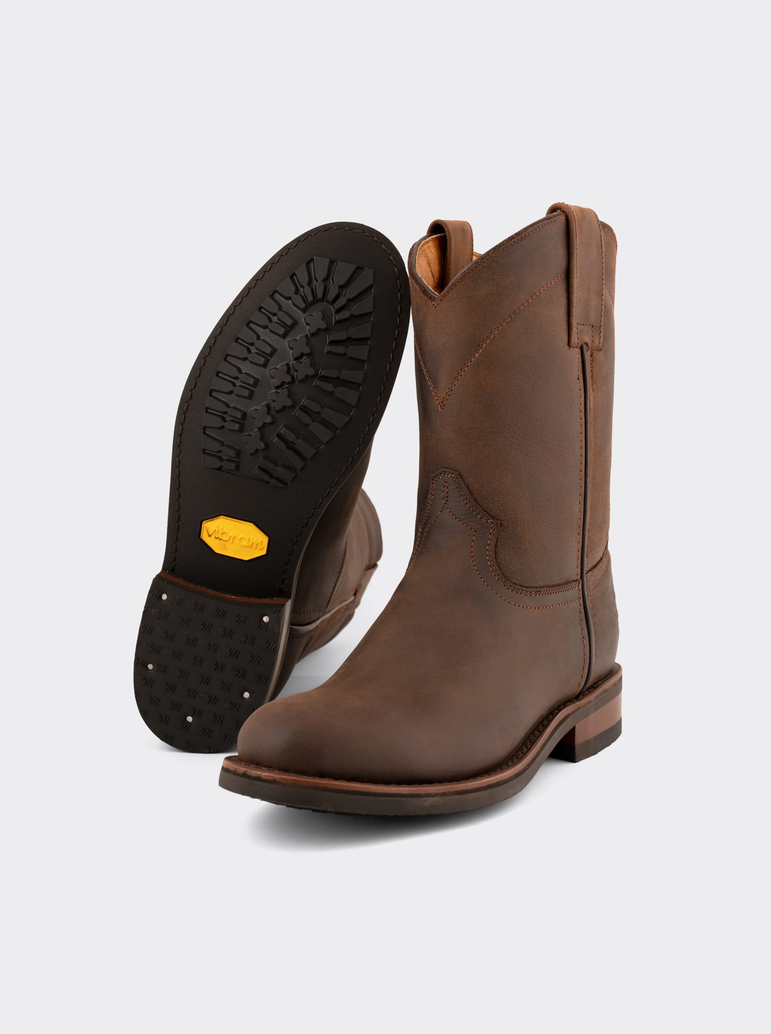 Men's Leather Roper Boot with Oil-Resistant Vibram Sole Brown Crazy Style 1000