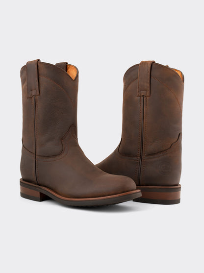 Men's Leather Roper Boot with Oil-Resistant Vibram Sole Brown Crazy Style 1000