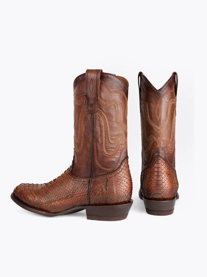 Bota Vaquera con Suela de Cuero en Piel Genuina de Pitón Caramel Estilo 1055