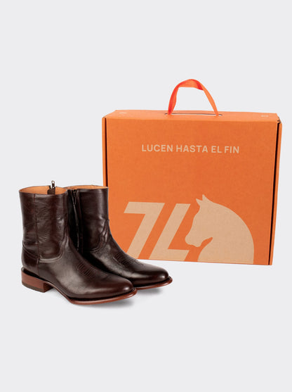 Men's Leather Cowboy Zip Ankle Boot Brown Olmeca Style 11200