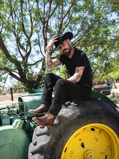 Men's American Bison Roper Boot with Hybrid Sole Dark Brown color Style 1000