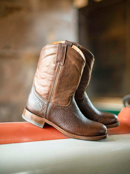 Men's American Bison Roper Boot with Hybrid Sole Dark Brown color Style 1000